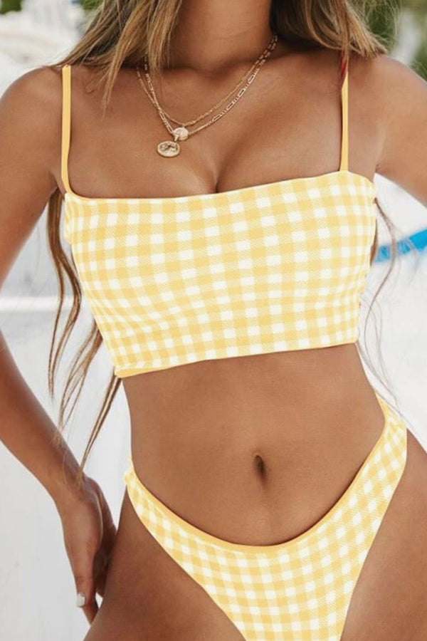 90s Gingham Printed High Cut Brazilian Cheeky Cami Crop Two Piece Bikini Set