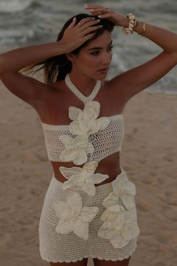 Boho Style 3D Flower Applique Halter Cutout Crochet Knit Beach Mini Cover Up