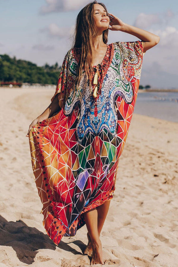 Jeweled Print Tie Front V Neck Short Sleeve Kaftan Beach Maxi Cover Up