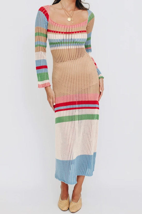 Rainbow Striped Long Sleeve Crochet Open Knit Midi Cover Up Dress