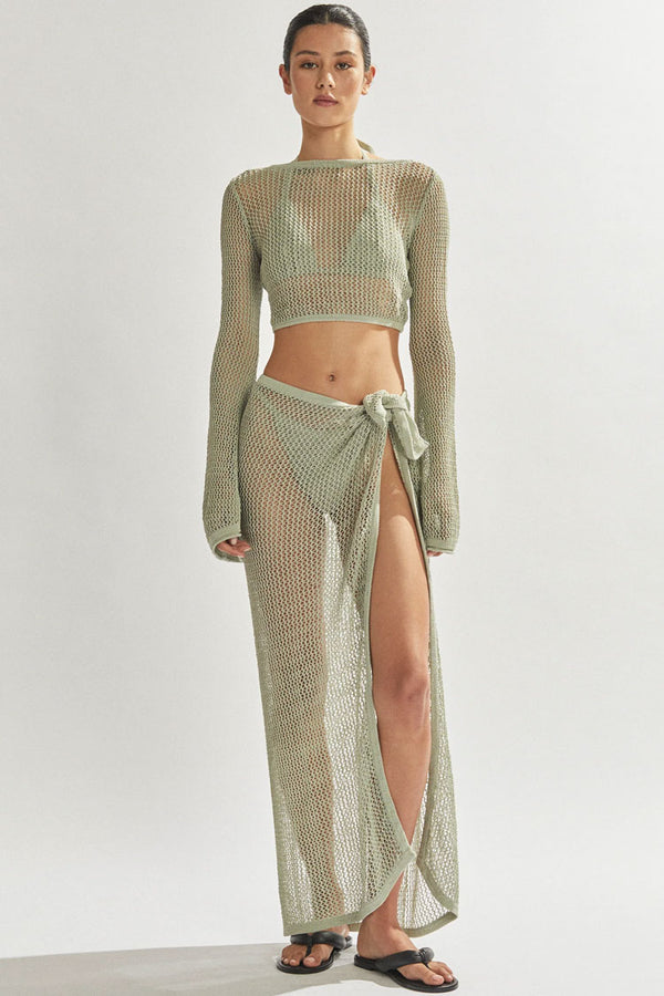 Reversible Bell Sleeve Crochet Knit Crop Top Wrap Tie Skirt Matching Set