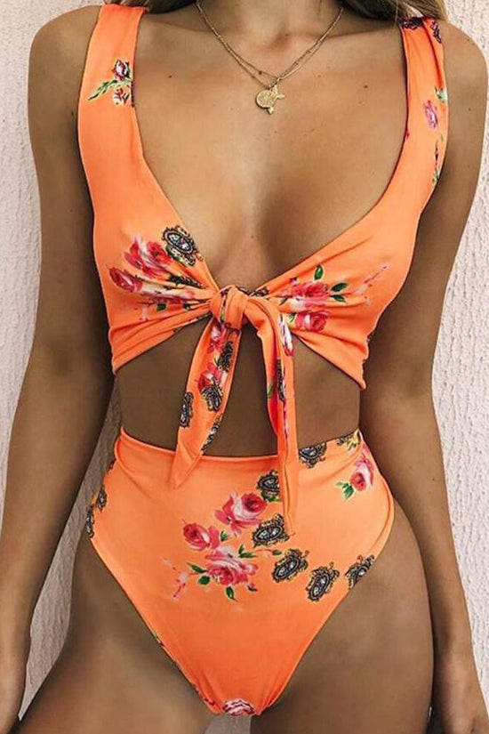 Vintage Floral Gem Print High Waist Cheeky Tie Front Plunge Two Piece Bikini Set
